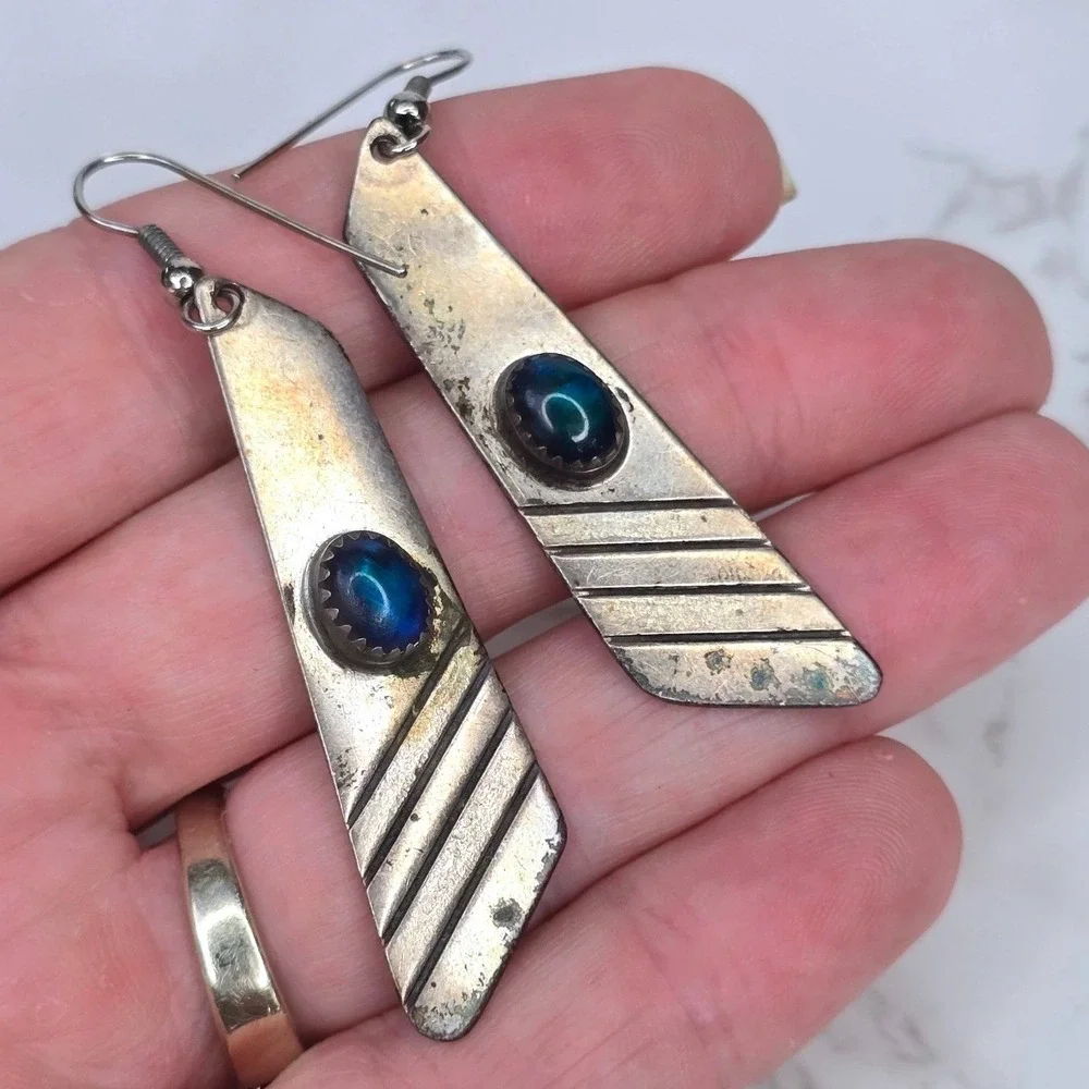 Vintage Gary Custer GSC Navajo Sterling Silver Opal Dangle Earrings Signed 8.3g